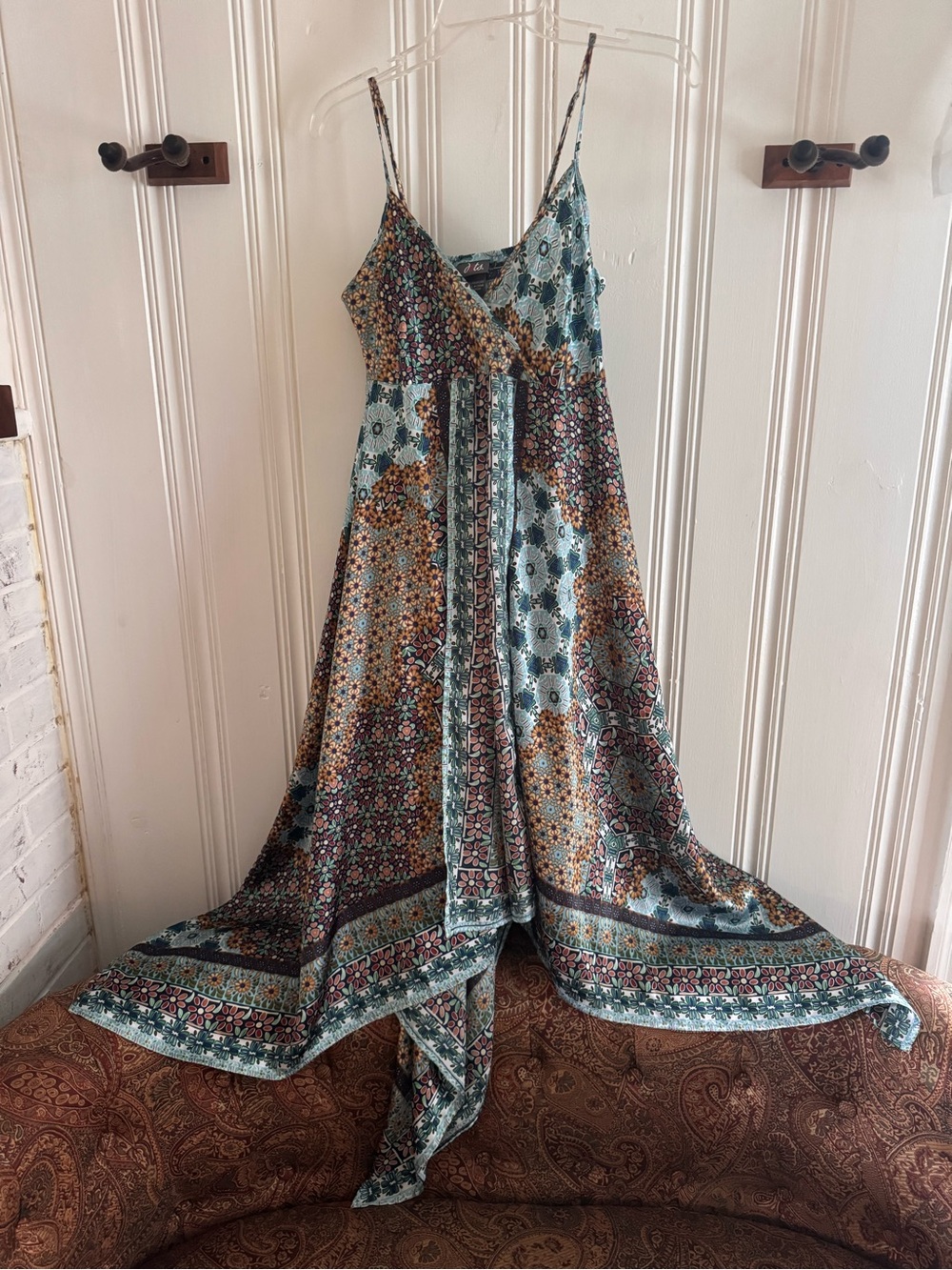 Dots Teal Multi-Print Spaghetti-Strap Maxi Dress